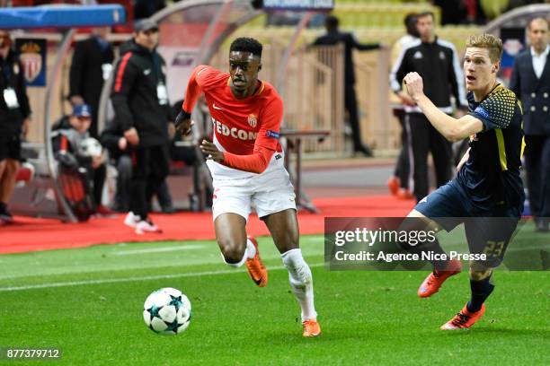 Adama Diakhaby of Monaco and Marcel Halstenberg of Leipzig during the UEFA Champions League match between As Monaco and RB Leipzig at Stade Louis II...