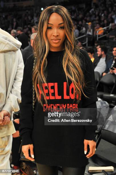 Actress Malika Haqq attends a basketball game between the Los Angeles Lakers and the Chicago Bulls at Staples Center on November 21, 2017 in Los...