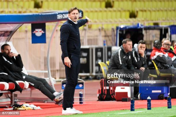 Ralph Hasenhuttl coach of Leipzig during the UEFA Champions League match between As Monaco and RB Leipzig at Stade Louis II on November 21, 2017 in...