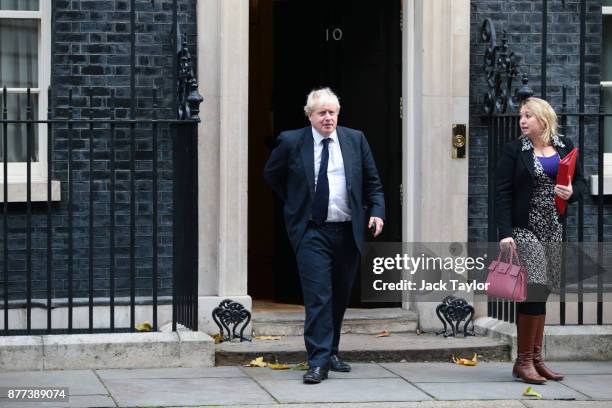 Foreign Secretary Boris Johnson and Secretary of State for Digital, Culture, Media and Sport Karen Bradley leave after a cabinet meeting ahead of the...