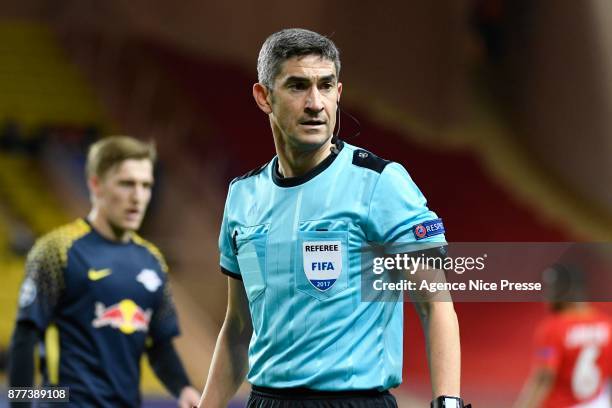 Referee Alberto Undiano Mallenco of Spain during the UEFA Champions League match between As Monaco and RB Leipzig at Stade Louis II on November 21,...