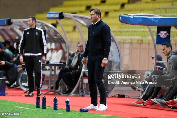 Ralph Hassenhuttl coach of Leipzig during the UEFA Champions League match between As Monaco and RB Leipzig at Stade Louis II on November 21, 2017 in...