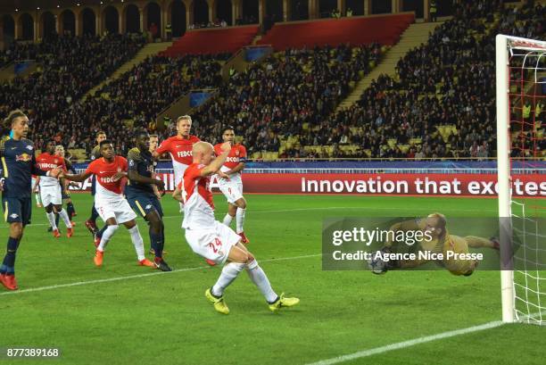 Andrea Raggi of Monaco and Peter Gulacsi of Leipzig during the UEFA Champions League match between As Monaco and RB Leipzig at Stade Louis II on...