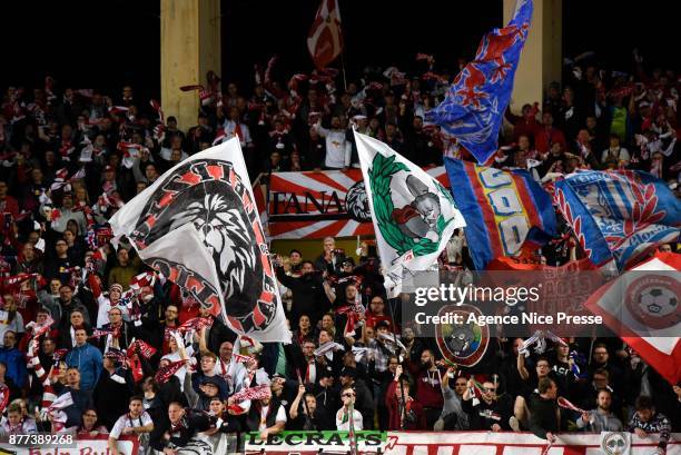 Fans of Leipzig during the UEFA Champions League match between As Monaco and RB Leipzig at Stade Louis II on November 21, 2017 in Monaco, Monaco.