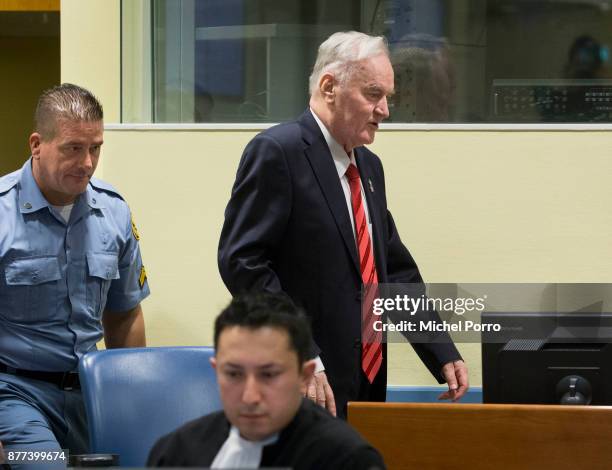 Former Bosnian military chief Ratko Mladic appears for the pronouncement of the Trial Judgement for the International Criminal Tribunal for the...