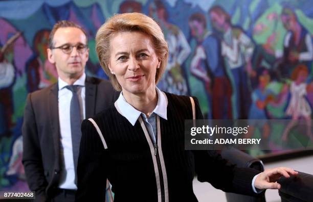 German Defence Minister Ursula von der Leyen and German Justice Minister Heiko Maas arrive for the weekly cabinet meeting in Berlin on November 22,...