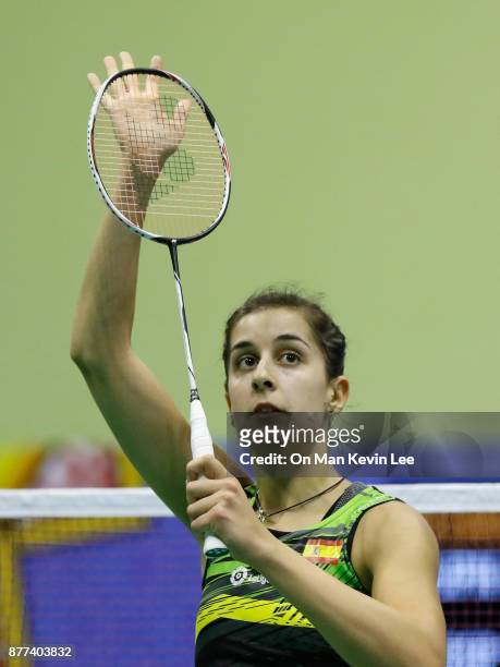 Carolina Marin of Spain reacts after winning the match against Minatsu Mitani of Japan during Round 1 of Women's Single on Day 2 of Yonex-Sunrise...