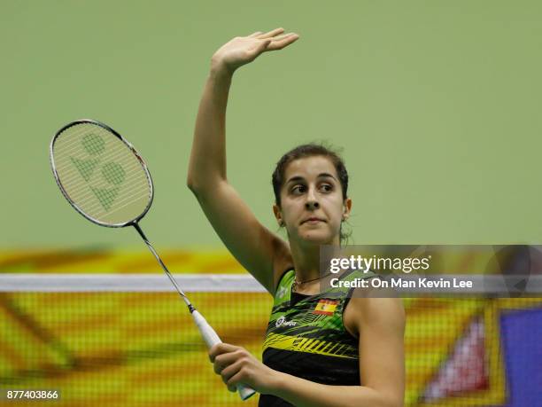 Carolina Marin of Spain reacts after winning the match against Minatsu Mitani of Japan during Round 1 of Women's Single on Day 2 of Yonex-Sunrise...