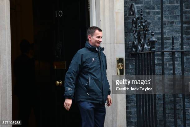 Secretary of State for Health Jeremy Hunt leaves after a cabinet meeting ahead of the Chancellor's annual budget at 10 Downing Street on November 22,...