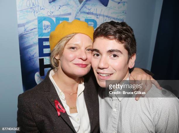 Martha Plimpton and Noah Galvin pose backstage on his Opening Night in the hit musical "Dear Evan Hansen" on Broadway at The Music Box Theatre on...