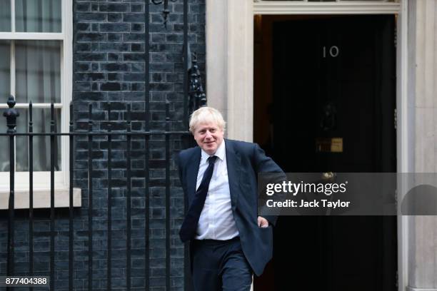 Foreign Secretary Boris Johnson leaves after a cabinet meeting ahead of the Chancellor's annual budget at 10 Downing Street on November 22, 2017 in...