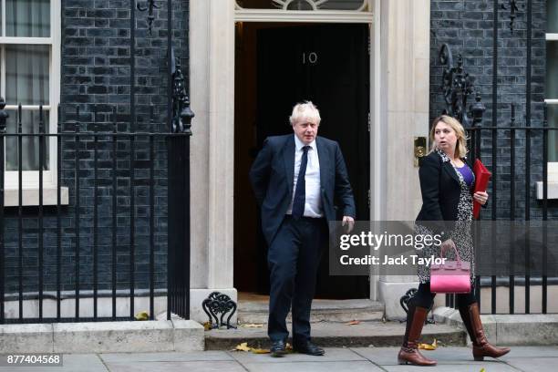 Foreign Secretary Boris Johnson and Secretary of State for Digital, Culture, Media and Sport Karen Bradley leave after a cabinet meeting ahead of the...