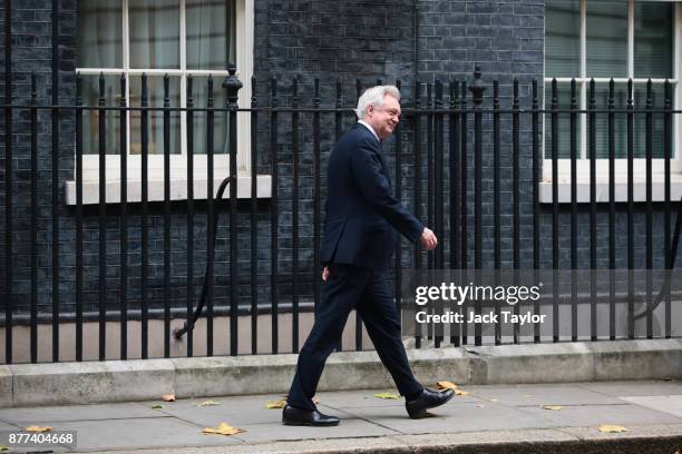 Brexit Secretary David Davis leaves after a cabinet meeting ahead of the Chancellor's annual budget at 10 Downing Street on November 22, 2017 in...