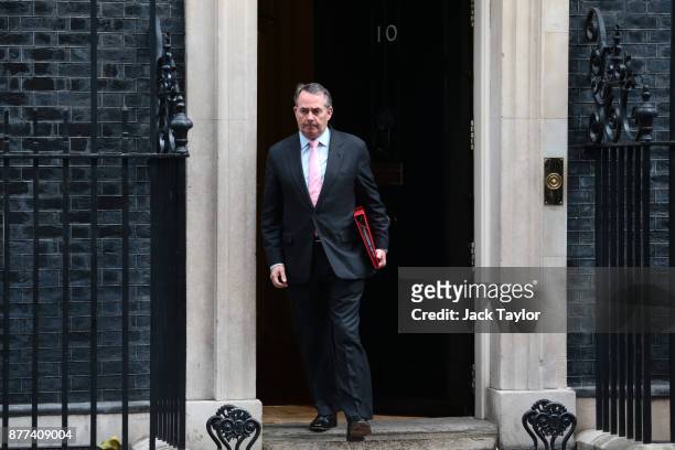 International Trade Secretary Liam Fox leaves after a cabinet meeting ahead of the Chancellor's annual budget at 10 Downing Street on November 22,...