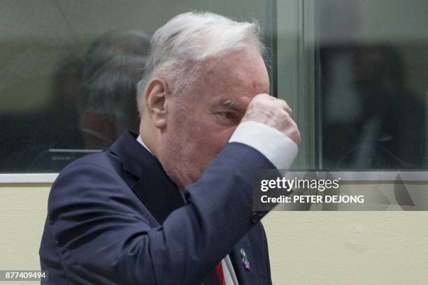 Former Bosnian Serb commander Ratko Mladic gestures as he enters the International Criminal Tribunal for the former Yugoslavia , on November 22 to...