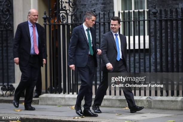 Secretary of State for Transport Chris Grayling, Defence Secretary Gavin Williamson and Northern Ireland Secretary James Brokenshire leave after a...