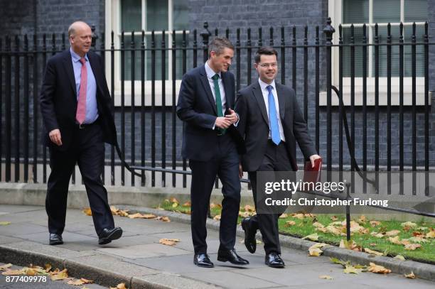 Secretary of State for Transport Chris Grayling, Defence Secretary Gavin Williamson and Northern Ireland Secretary James Brokenshire leave after a...