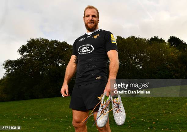 James Haskell of Wasps poses with his Rainbow Laces during the launch of the Premiership Rugby Rainbow Laces Campaign at Broadstreet RFC on October...