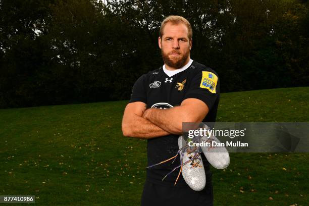 James Haskell of Wasps poses with his Rainbow Laces during the launch of the Premiership Rugby Rainbow Laces Campaign at Broadstreet RFC on October...