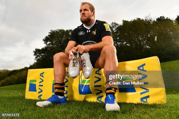 James Haskell of Wasps poses with his Rainbow Laces during the launch of the Premiership Rugby Rainbow Laces Campaign at Broadstreet RFC on October...