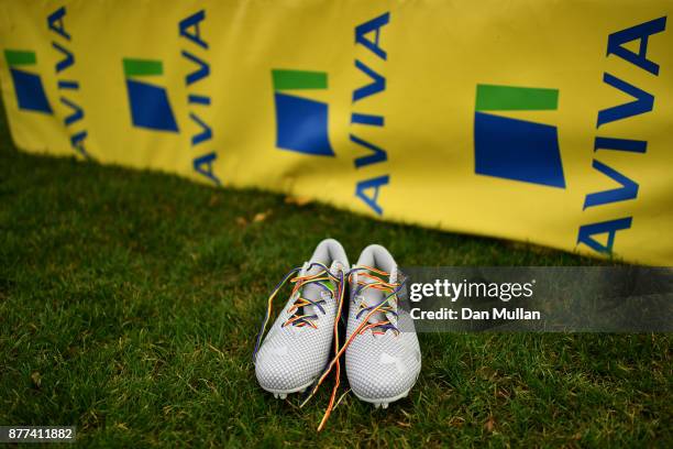 The boots of James Haskell of Wasps are displayed with Rainbow Laces during the launch of the Premiership Rugby Rainbow Laces Campaign at Broadstreet...