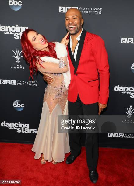 Sharna Burgess and Derek Fisher attend the 'Dancing With The Stars' Season 25 Finale on November 21, 2017 in Los Angeles, California.