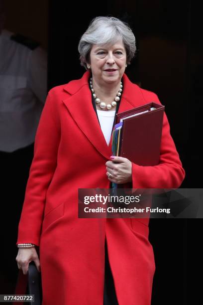 British Prime Minister Theresa May leaves after a cabinet meeting ahead of the Chancellor's annual budget at 10 Downing Street on November 22, 2017...