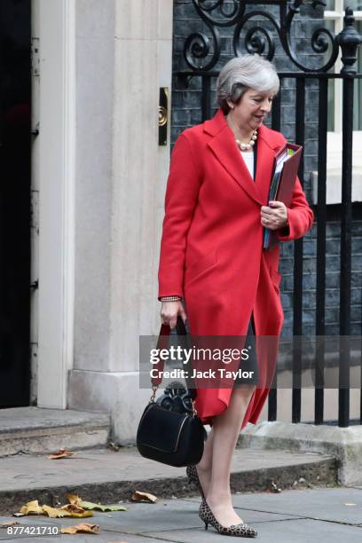 British Prime Minister Theresa May leaves after a cabinet meeting ahead of the Chancellor's annual budget at 10 Downing Street on November 22, 2017...