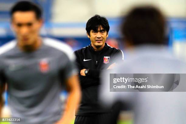 Urawa Red Diamonds head coach Takafumi Hori is seen during the official training at King Fahd International Stadium on November 17, 2017 in Riyadh,...