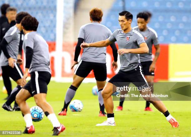 Urawa Red Diamonds players warm up during the official training at King Fahd International Stadium on November 17, 2017 in Riyadh, Saudi Arabia.