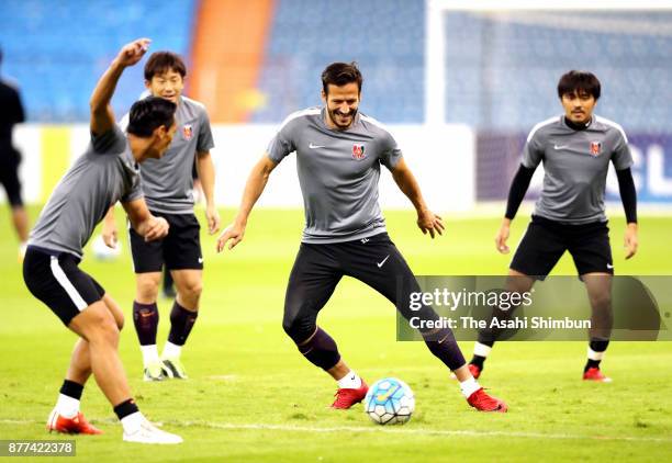 Urawa Red Diamonds players warm up during the official training at King Fahd International Stadium on November 17, 2017 in Riyadh, Saudi Arabia.