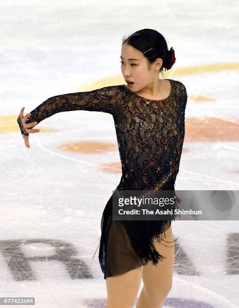 Mai Mihara of Japan in action during a practice session during day one of the ISU Grand Prix of Figure Skating Internationaux de France at Polesud...