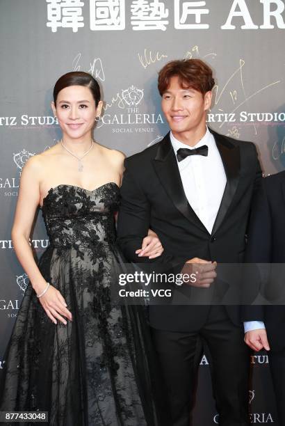 South Korean singer and actor Kim Jong-kook and actress Jessica Hester Hsuan attend the strategic conference of Artiz Studio on November 22, 2017 in...