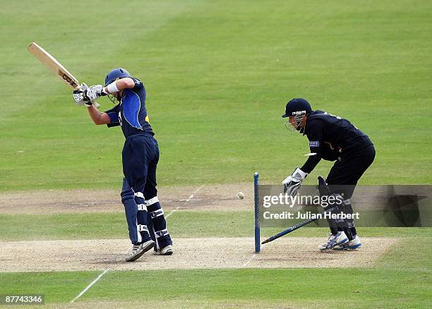 Chris Nash of Sussex is bowled during The Friends Provident Trophy match between Sussex and Yorkshire at The County Ground on May 18, 2009 in Hove,...