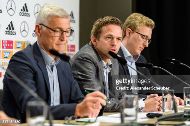 Lutz Froehlich, Jochen Drees and Florian Goette attend the video assistant media workshop at Holiday Inn Frankfurt Airport on November 22, 2017 in...