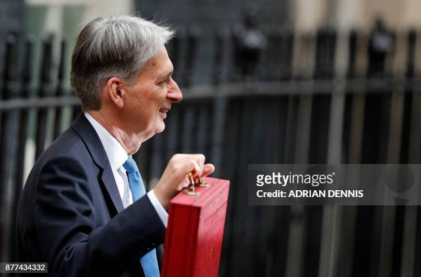 British Chancellor of the Exchequer Philip Hammond poses for pictures with the Budget Box as he leaves 11 Downing Street in London, on November 22...