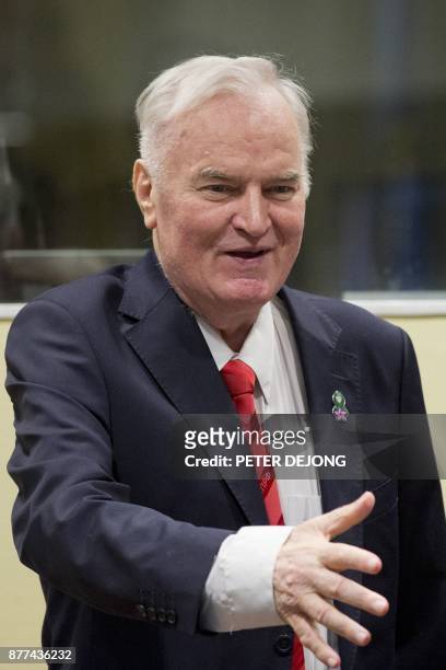Former Bosnian Serb commander Ratko Mladic enters the International Criminal Tribunal for the former Yugoslavia , on November 22 to hear the verdict...