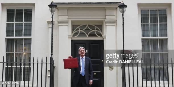 British Chancellor of the Exchequer Philip Hammond poses for pictures with the Budget Box as he leaves 11 Downing Street in London, on November 22...