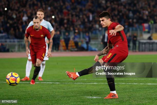 Diego Perotti of AS Roma scores his goal 1-0 during the Italian Serie A match between AS Roma v Lazio at the Stadio Olimpico on November 18, 2017 in...