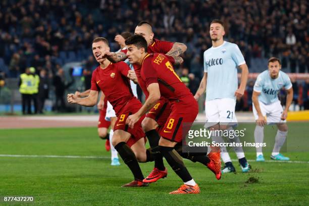 Edin Dzeko of AS Roma, Diego Perotti of AS Roma, Radja Nainggolan of AS Roma during the Italian Serie A match between AS Roma v Lazio at the Stadio...