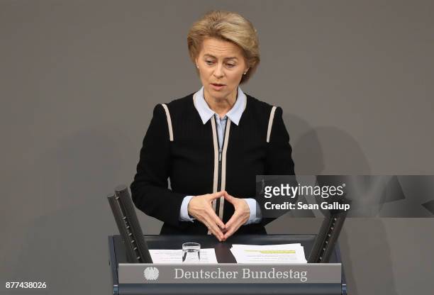 German Defense Minister Ursula von der Leyen makes a hands gesture nearly identical to one that German Chancellor Angela Merkel often shows during...