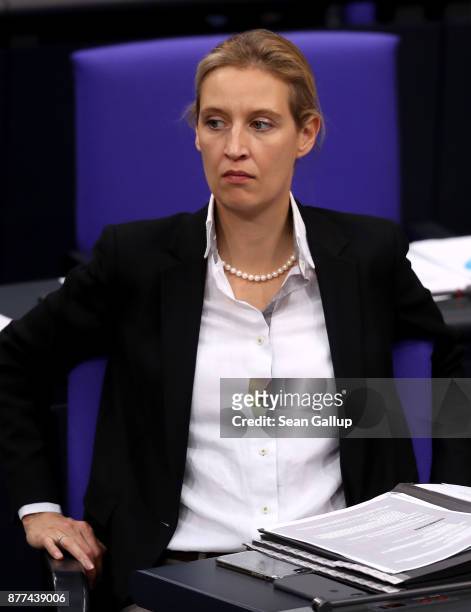 Alice Weidel of the right-wing Alternative for Germany political party attends a Bundestag session on November 22, 2017 in Berlin, Germany. The AfD,...