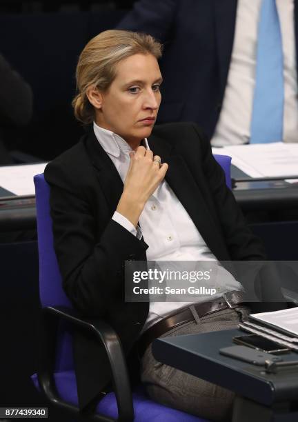 Alice Weidel of the right-wing Alternative for Germany political party attends a Bundestag session on November 22, 2017 in Berlin, Germany. The AfD,...