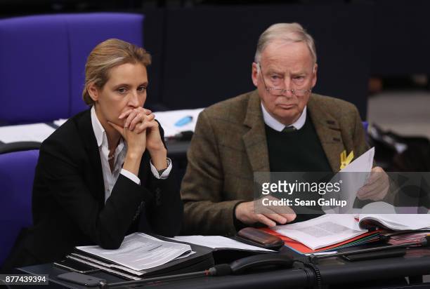 Alice Weidel and Alexander Gauland of the right-wing Alternative for Germany political party attend a Bundestag session on November 22, 2017 in...