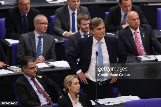 Parliamentarians of the right-wing Alternative for Germany political party, including Bernd Baumann , attend a Bundestag session on November 22, 2017...