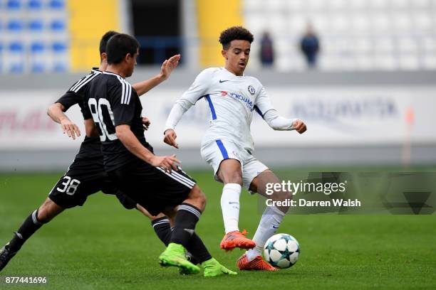 Jacob Maddox of Chelsea and Ibrahim Gadirzada and Yusif Hasanov of Qarabag FK during the UEFA Champions League group C match between Qarabag FK and...