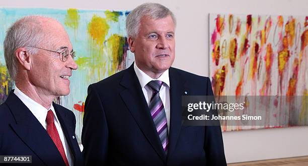 Art collector Udo Brandhorst and Bavaria's state governor Horst Seehofer arrive for the Brandhorst Museum Opening Cermony at Lepanto hall of new...