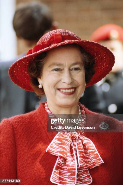 Queen Elizabeth II visits the Royal Military Police Training Centre in Chichester, Sussex, on July 28, 1982.