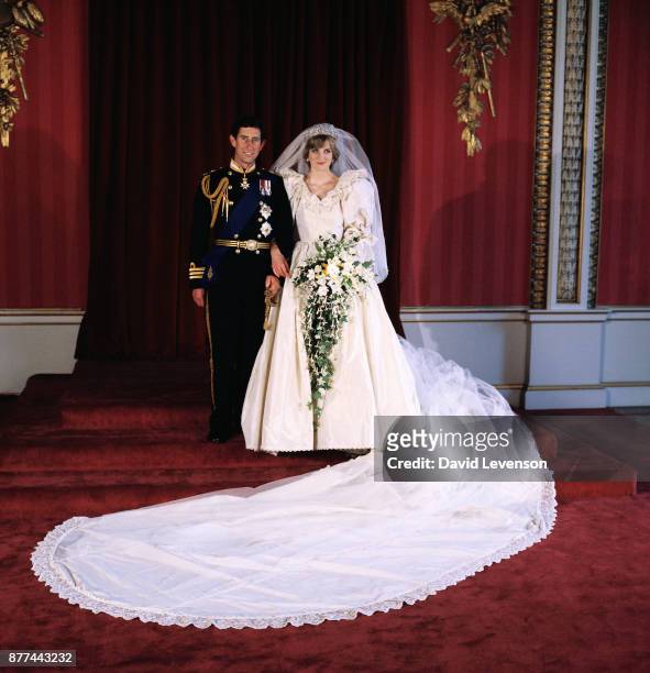 Diana, Princess of Wales and Prince Charles pose for the official photograph by Lord Lichfield in Buckingham Palace at their wedding on July 29, 1981...