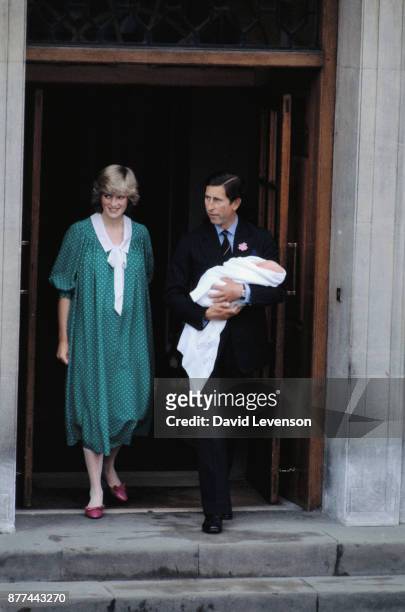 New born Prince William with Diana Princess of Wales and Prince Charles leave St. Mary's hospital on June 22, 1982 in Paddington, London, England. He...